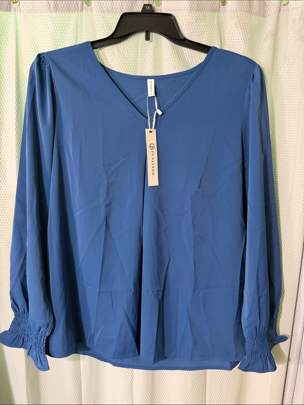 Elegant Blue V-Neck Long Sleeve Blouse by